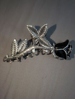 3/$15 Silver Rose Hair Clip with Black Enamel Flower